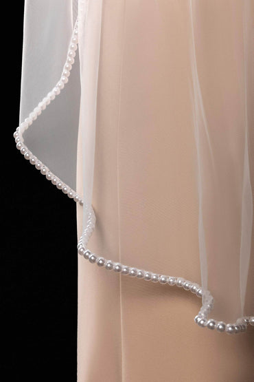 One-tier Pearl Trim Edge Tulle Hip Veils with Beading CV0283