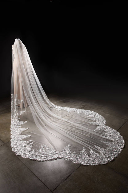 One-tier Lace Edge Tulle Lace Cathedral Veils with Appliques CV0285