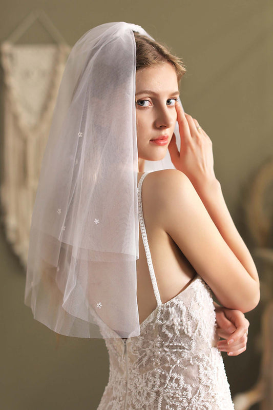 Two-tier Cut Edge Tulle Elbow Veils with Flower CV0292