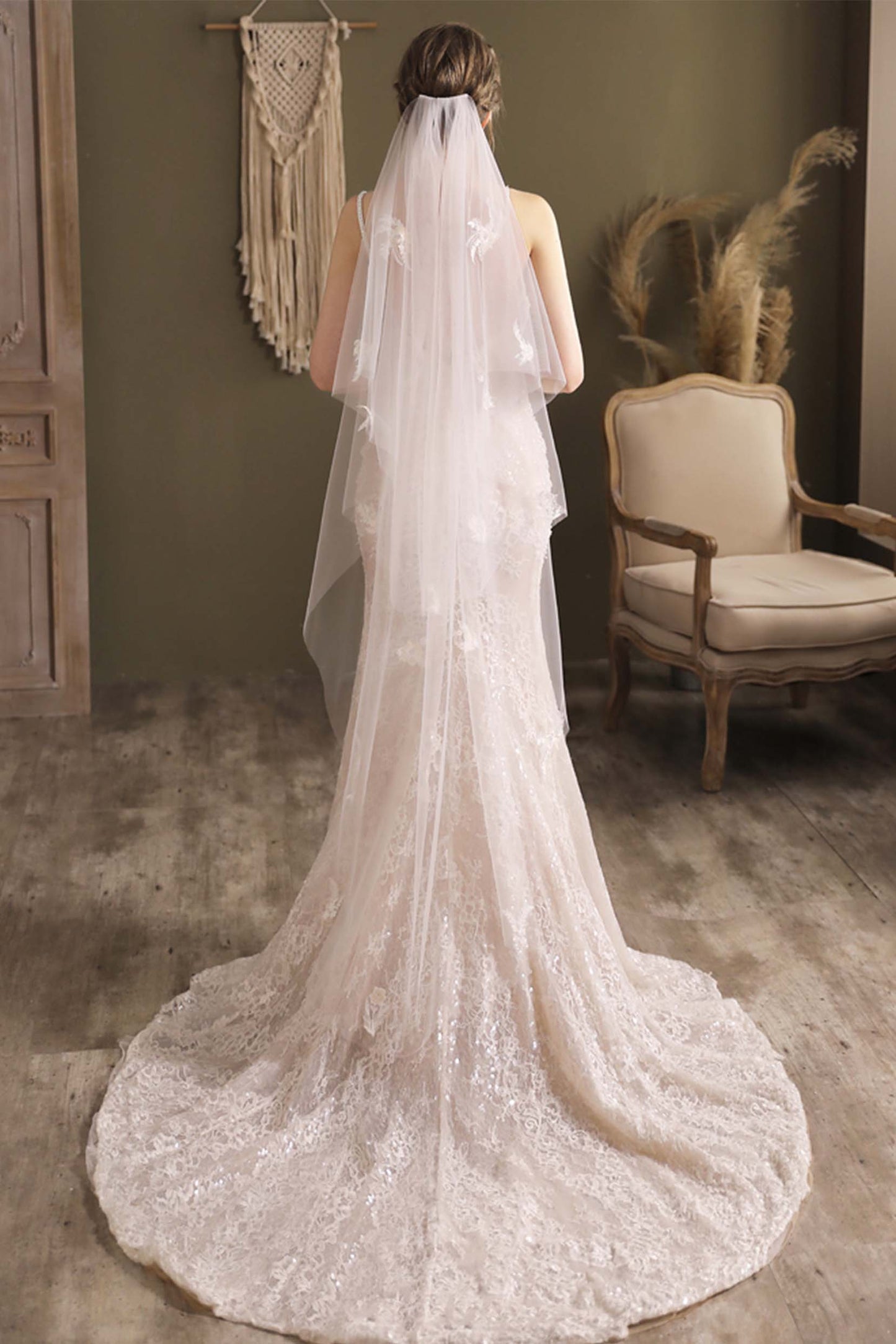 Two-tier Cut Edge Tulle Tea Veils with Appliques CV0295