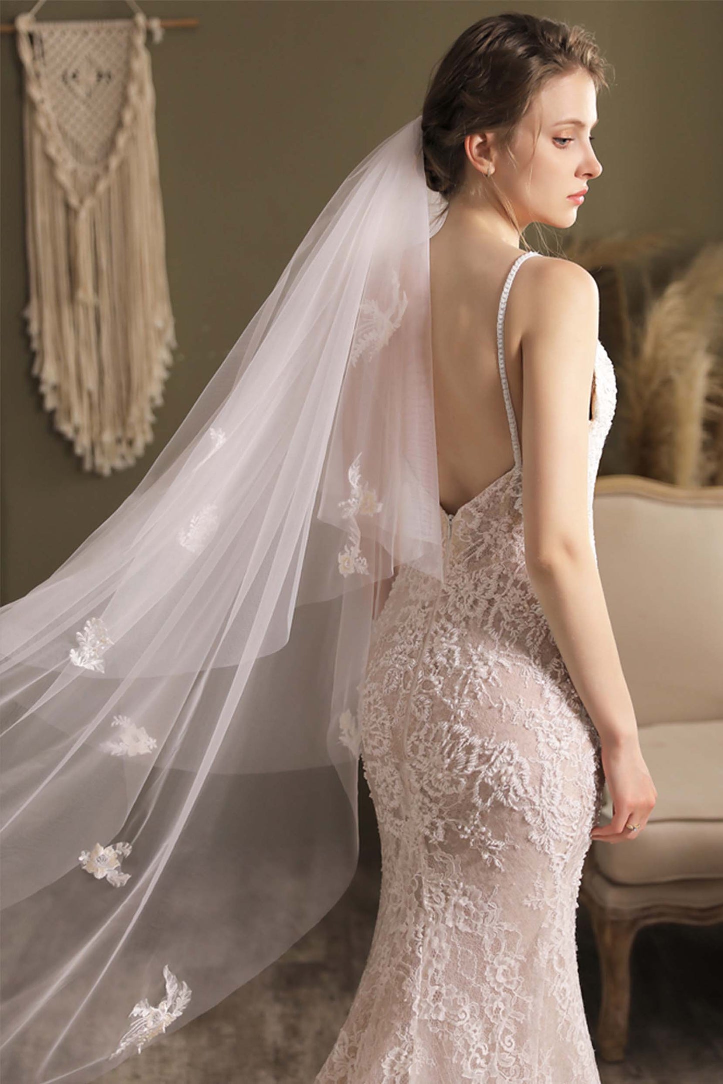 Two-tier Cut Edge Tulle Tea Veils with Appliques CV0295