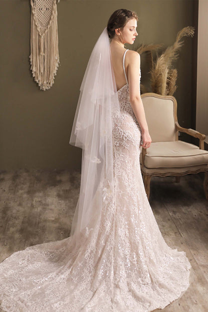 Two-tier Cut Edge Tulle Tea Veils with Appliques CV0295