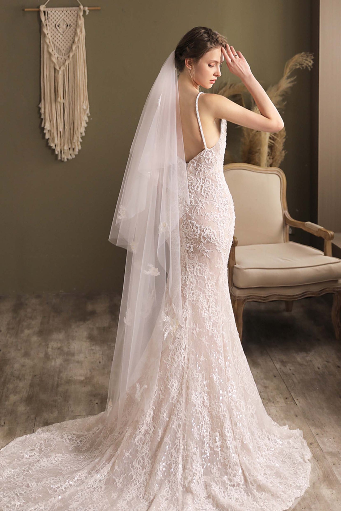 Two-tier Cut Edge Tulle Tea Veils with Appliques CV0295