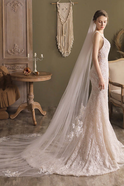 One-tier Cut Edge Tulle Cathedral Veils with Appliques CV0297