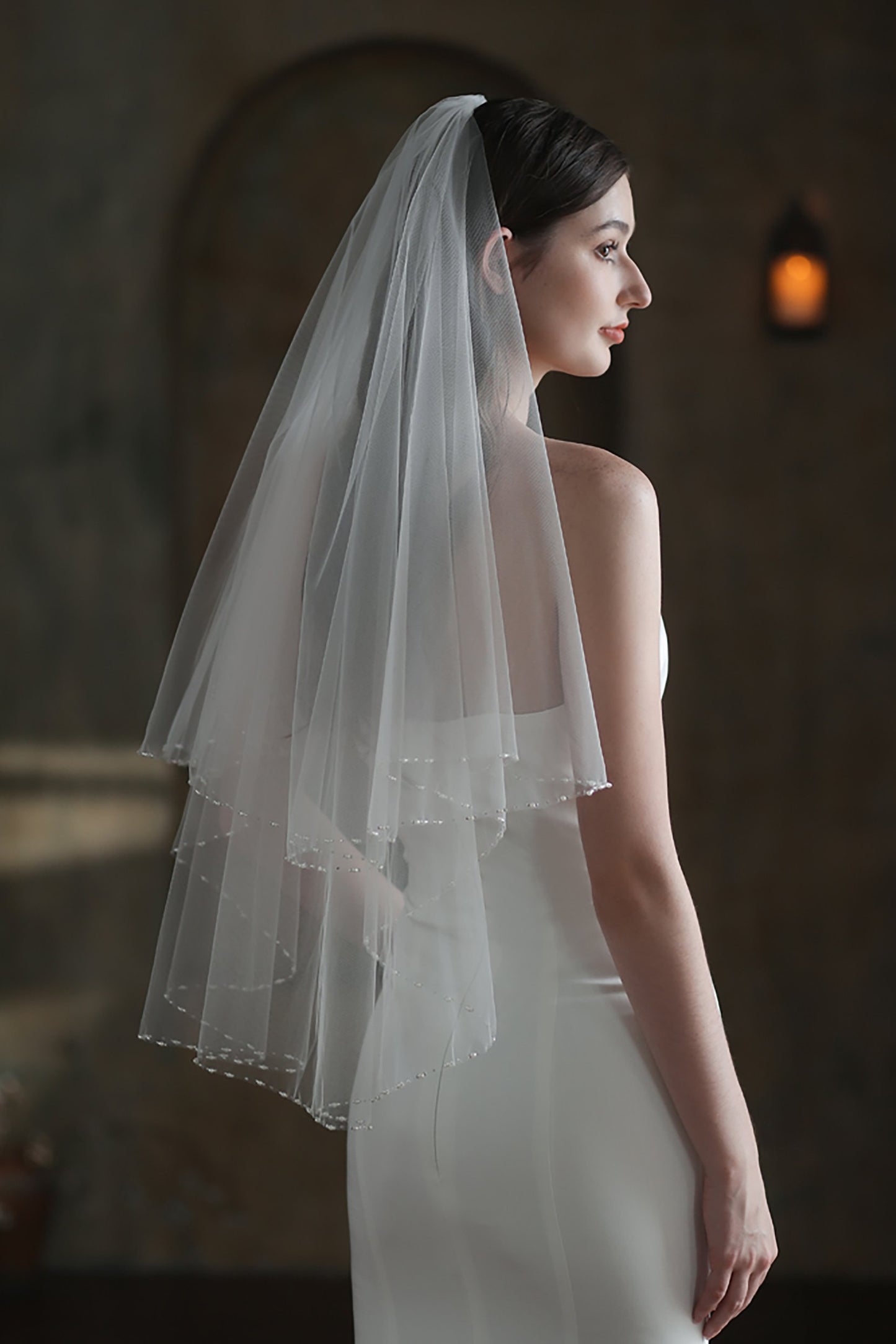 Two-tier Beaded Edge Tulle Hip Veils with Pearls CV0307