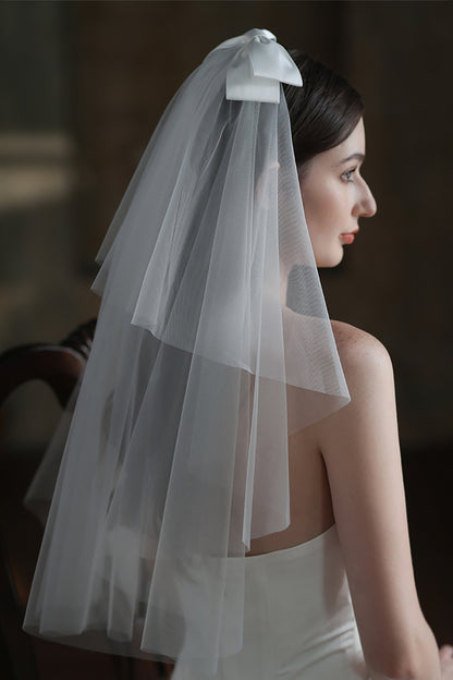 Two-tier Cut Edge Tulle Waist Veils with Bow CV0308