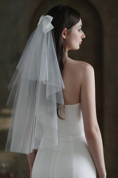 Two-tier Cut Edge Tulle Waist Veils with Bow CV0308