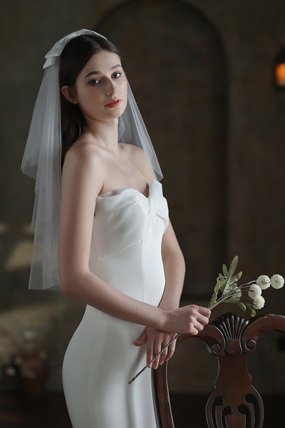 Two-tier Cut Edge Tulle Waist Veils with Bow CV0308