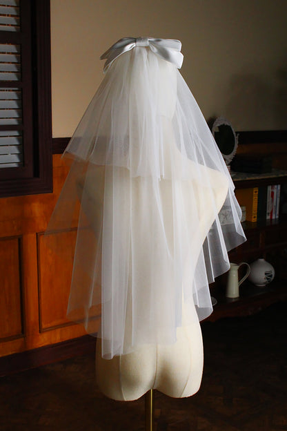 Two-tier Cut Edge Tulle Waist Veils with Bow CV0308