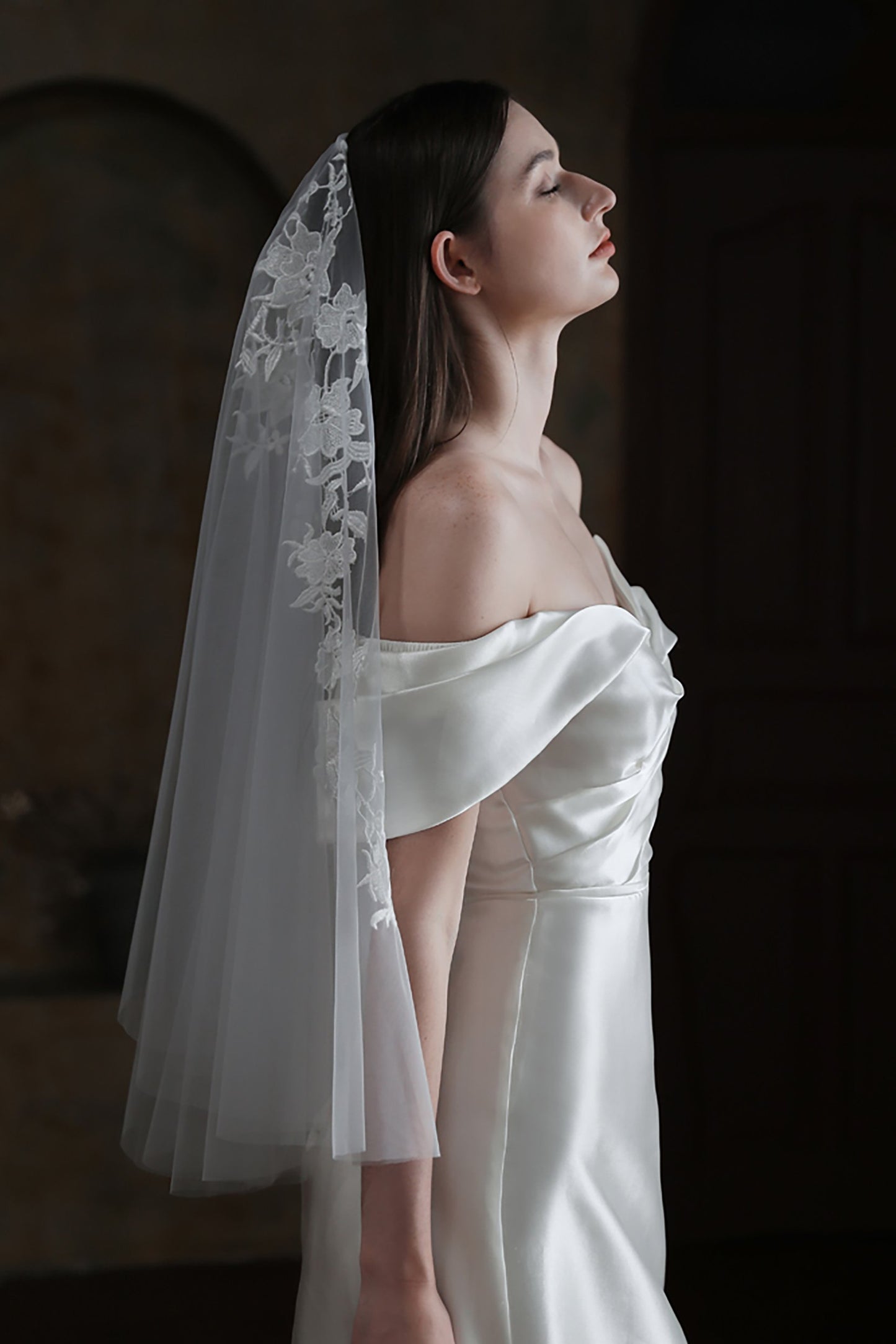 Two-tier Cut Edge Tulle Waist Veils with Appliques CV0310