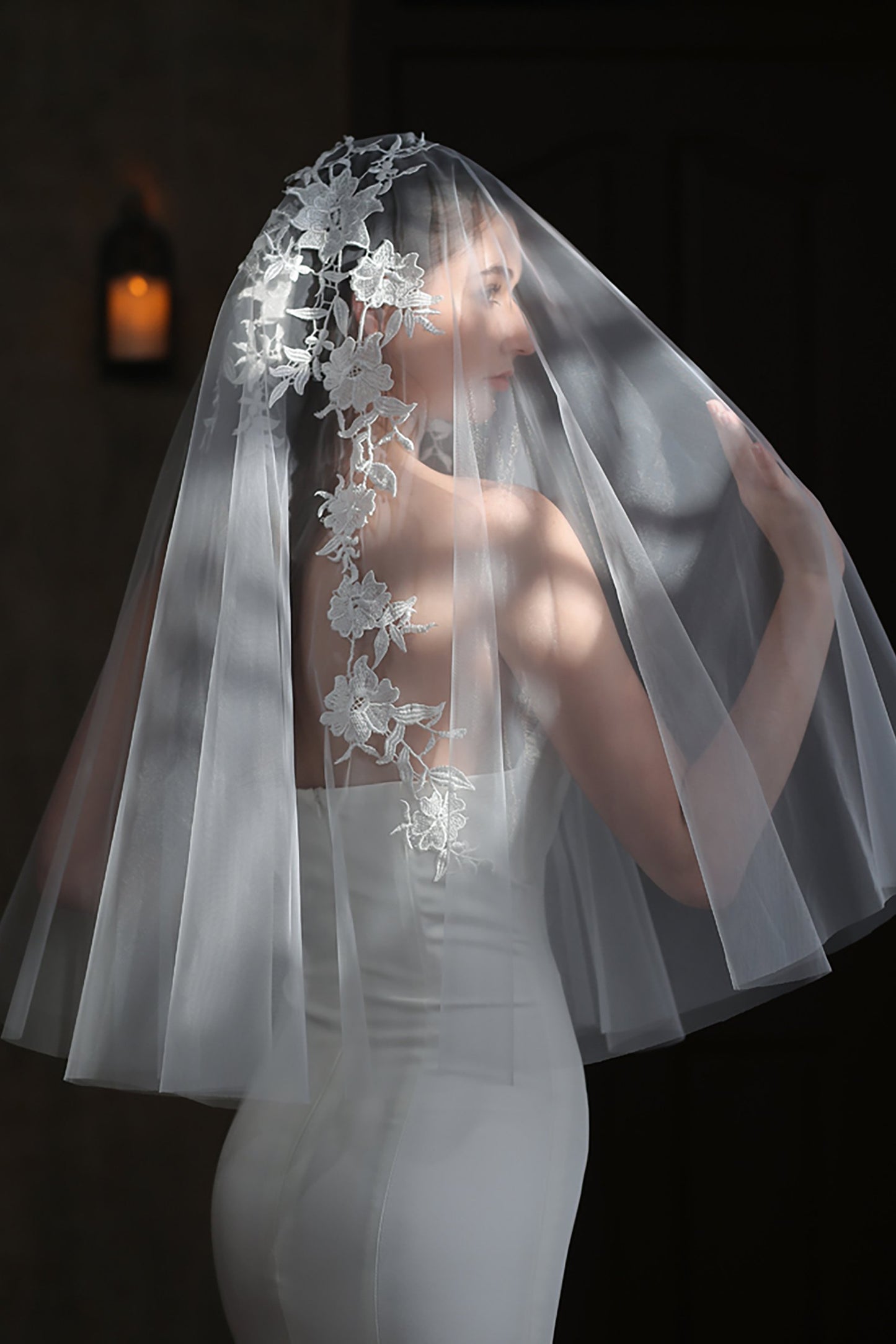 Two-tier Cut Edge Tulle Waist Veils with Appliques CV0310