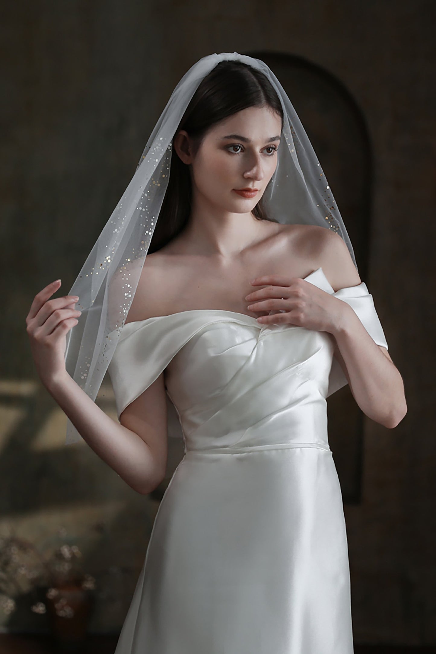 One-tier Cut Edge Tulle Waist Veils with Sequin CV0314