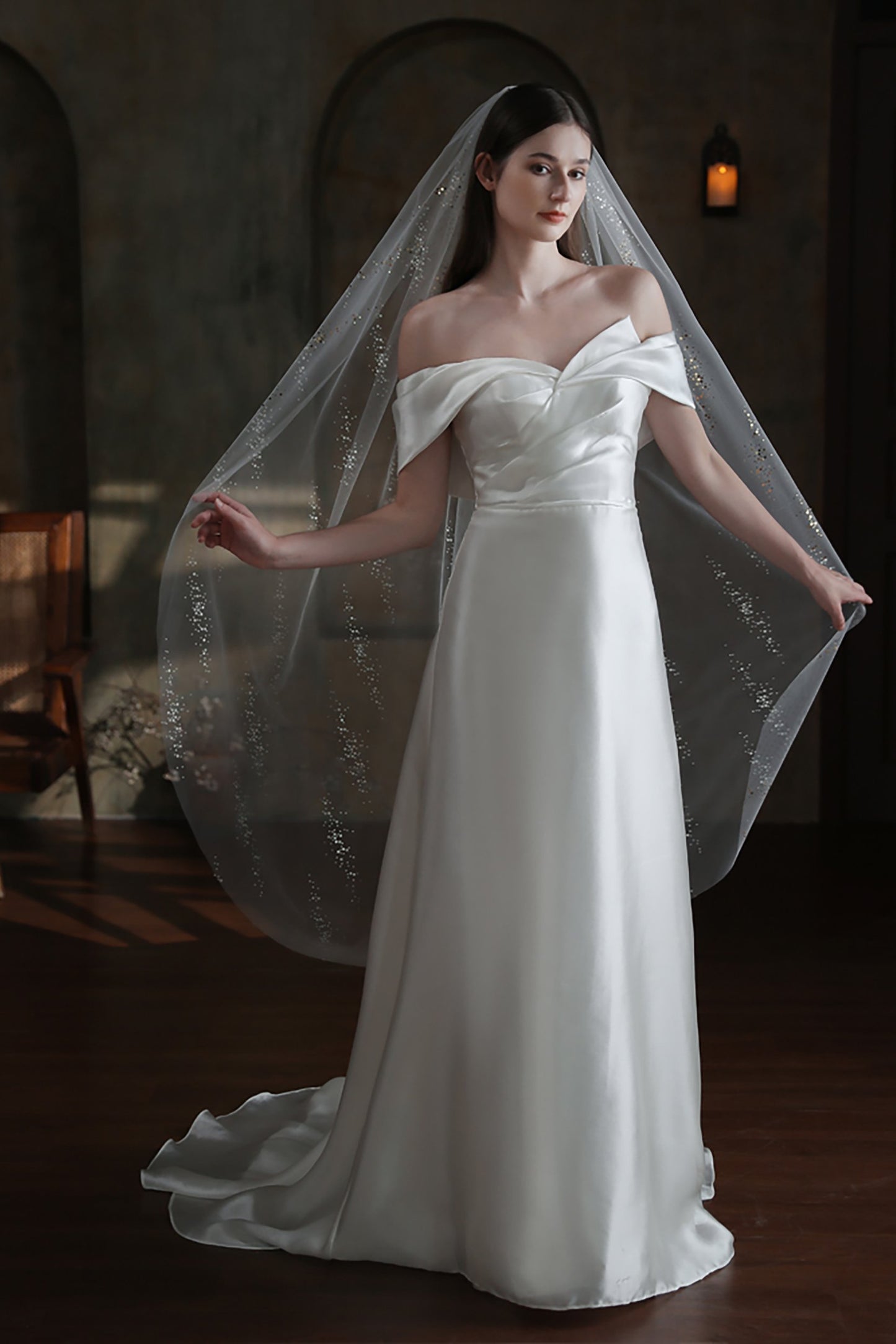 One-tier Cut Edge Tulle Tea Veils with Sequin CV0315