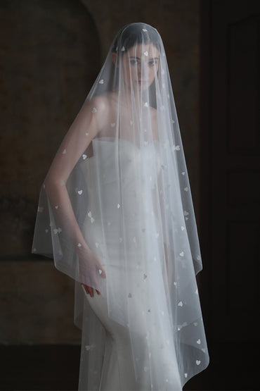 One-tier Cut Edge Tulle Cathedral Veils with Appliques CV0371