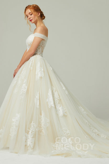 A-Line Chapel Train Tulle Wedding Dress CW2167