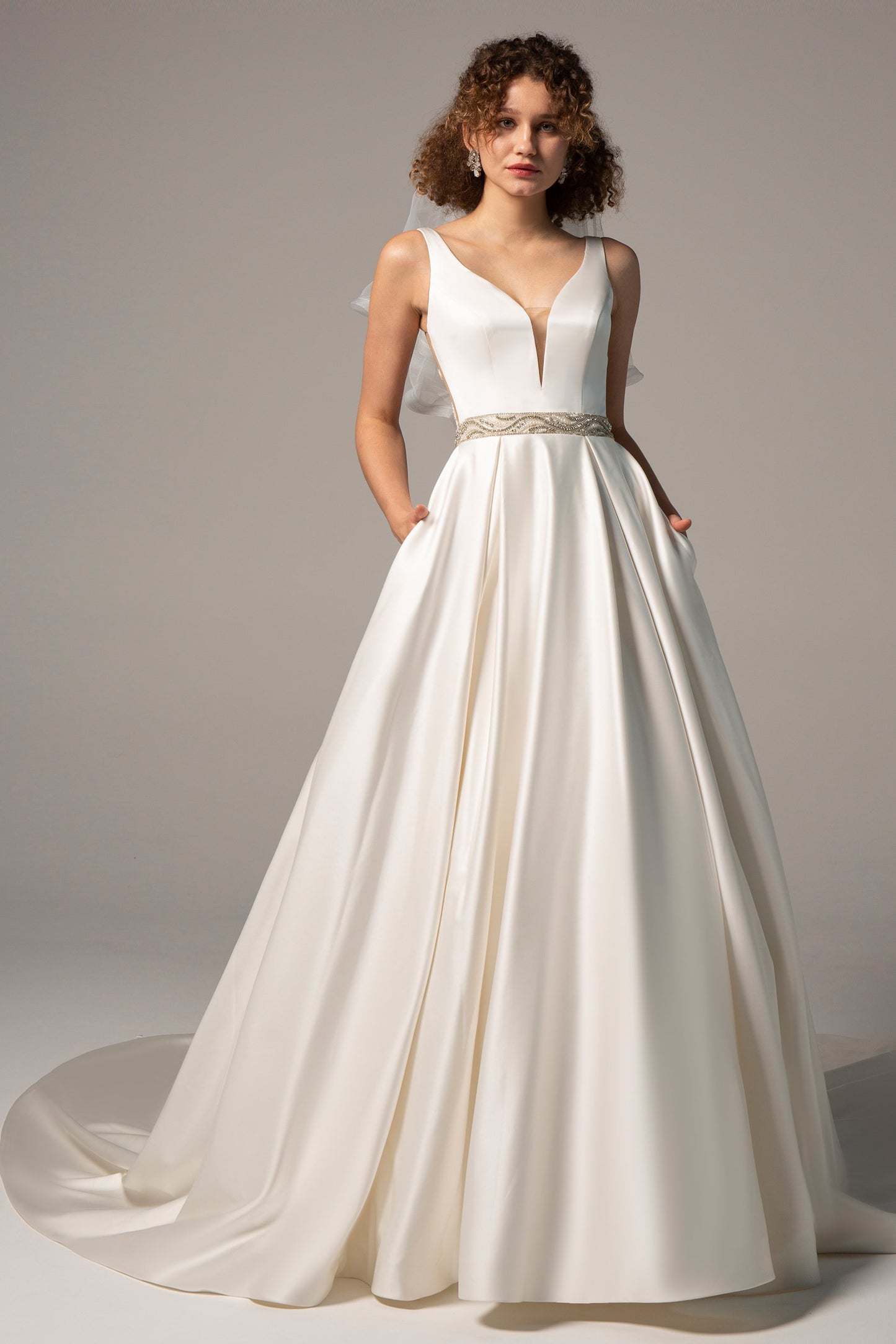 A-Line Chapel Train Satin Wedding Dress CW2364