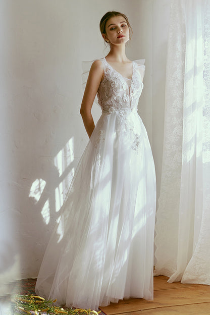 A-Line Floor Length Lace Tulle Wedding Dress CW2665