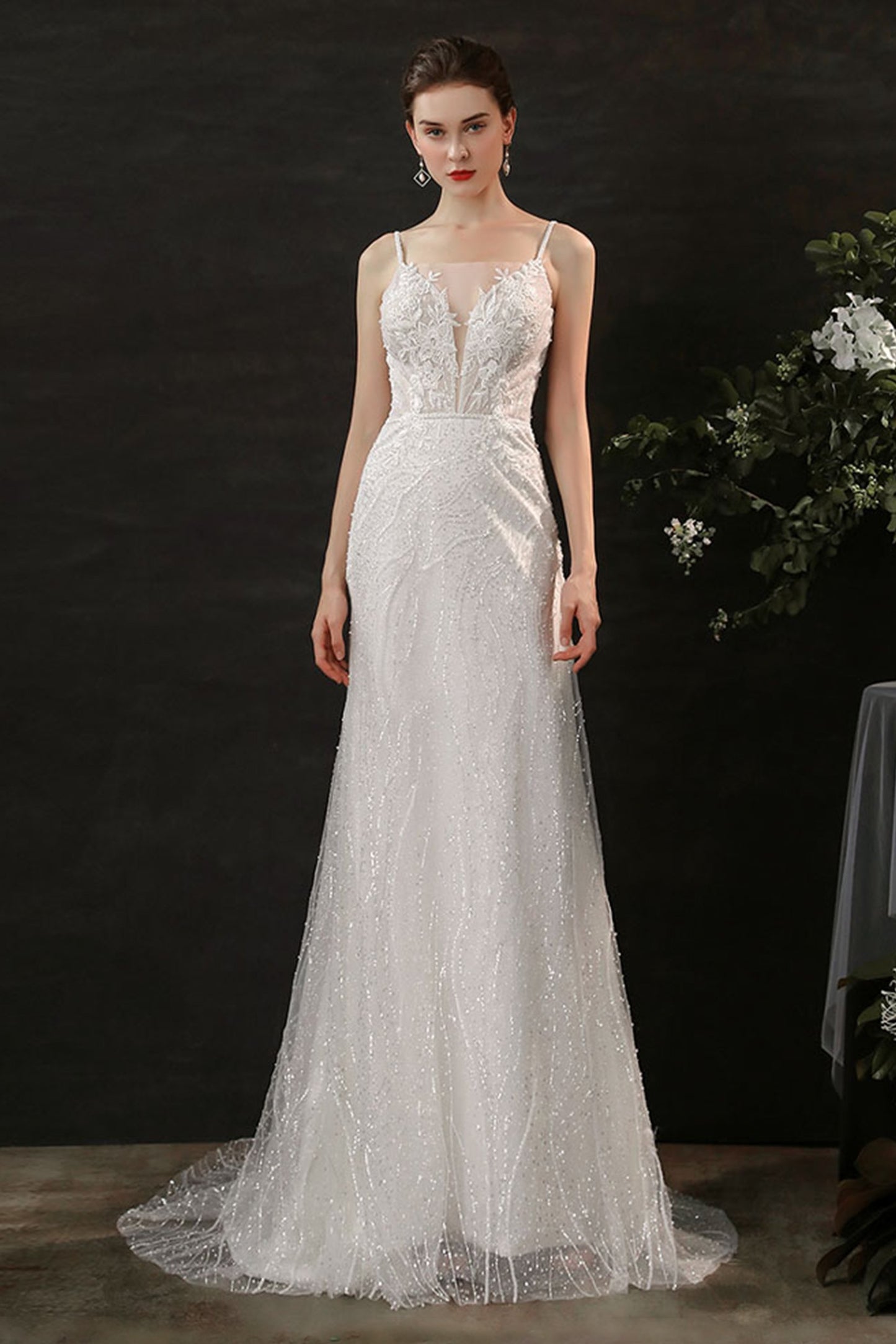 Sheath Sweep-Brush Train Lace Tulle Wedding Dress CW2699