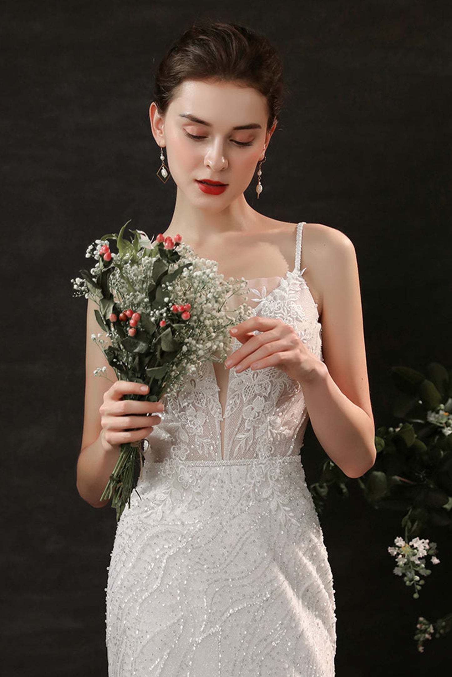 Sheath Sweep-Brush Train Lace Tulle Wedding Dress CW2699