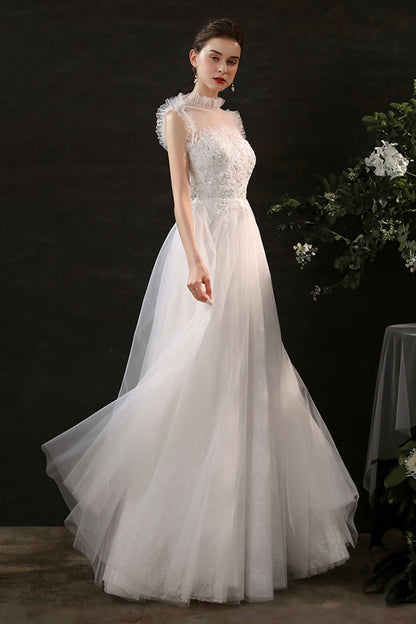 A-Line Sweep-Brush Train Lace Tulle Wedding Dress CW2701