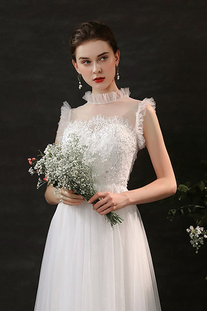 A-Line Sweep-Brush Train Lace Tulle Wedding Dress CW2701