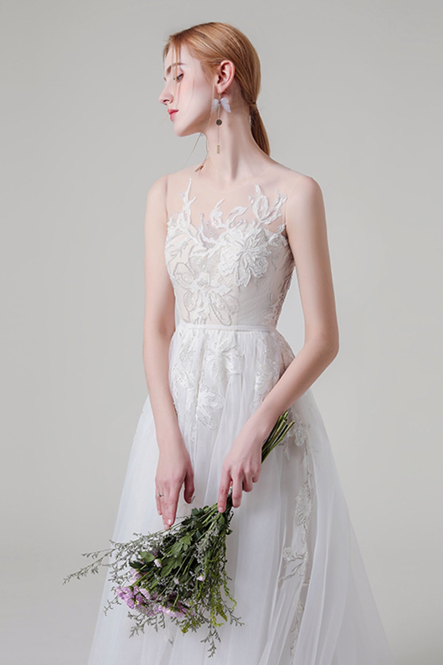 A-Line Sweep-Brush Train Lace Tulle Wedding Dress CW2704