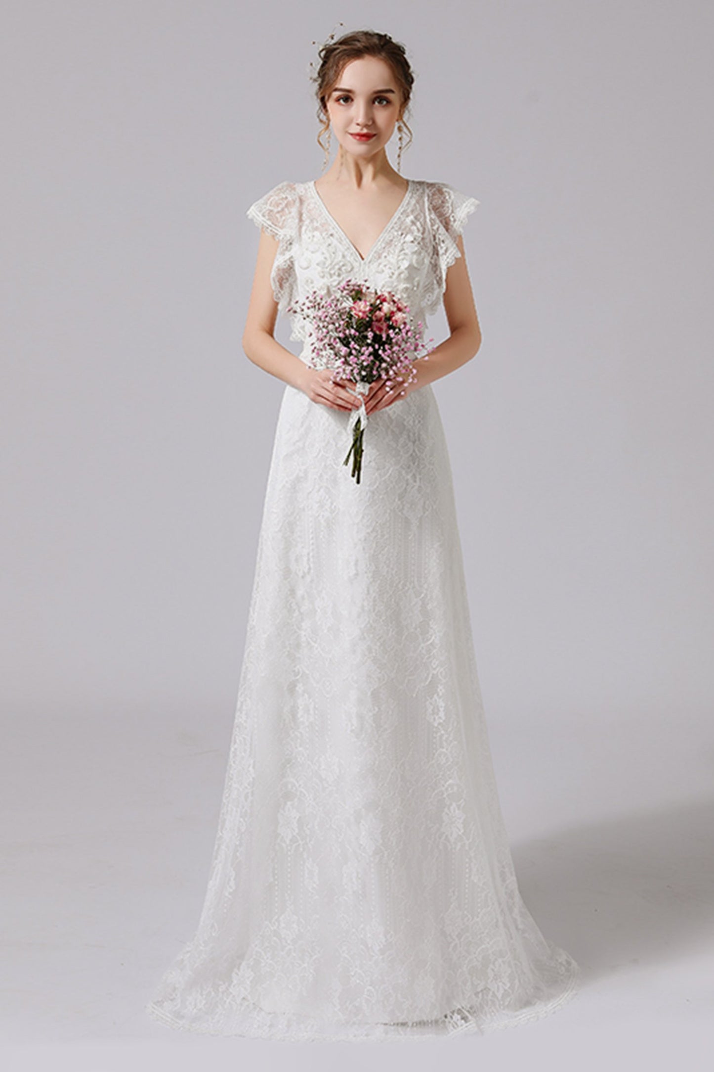 A-Line Floor Length Lace Tulle Wedding Dress CW2708