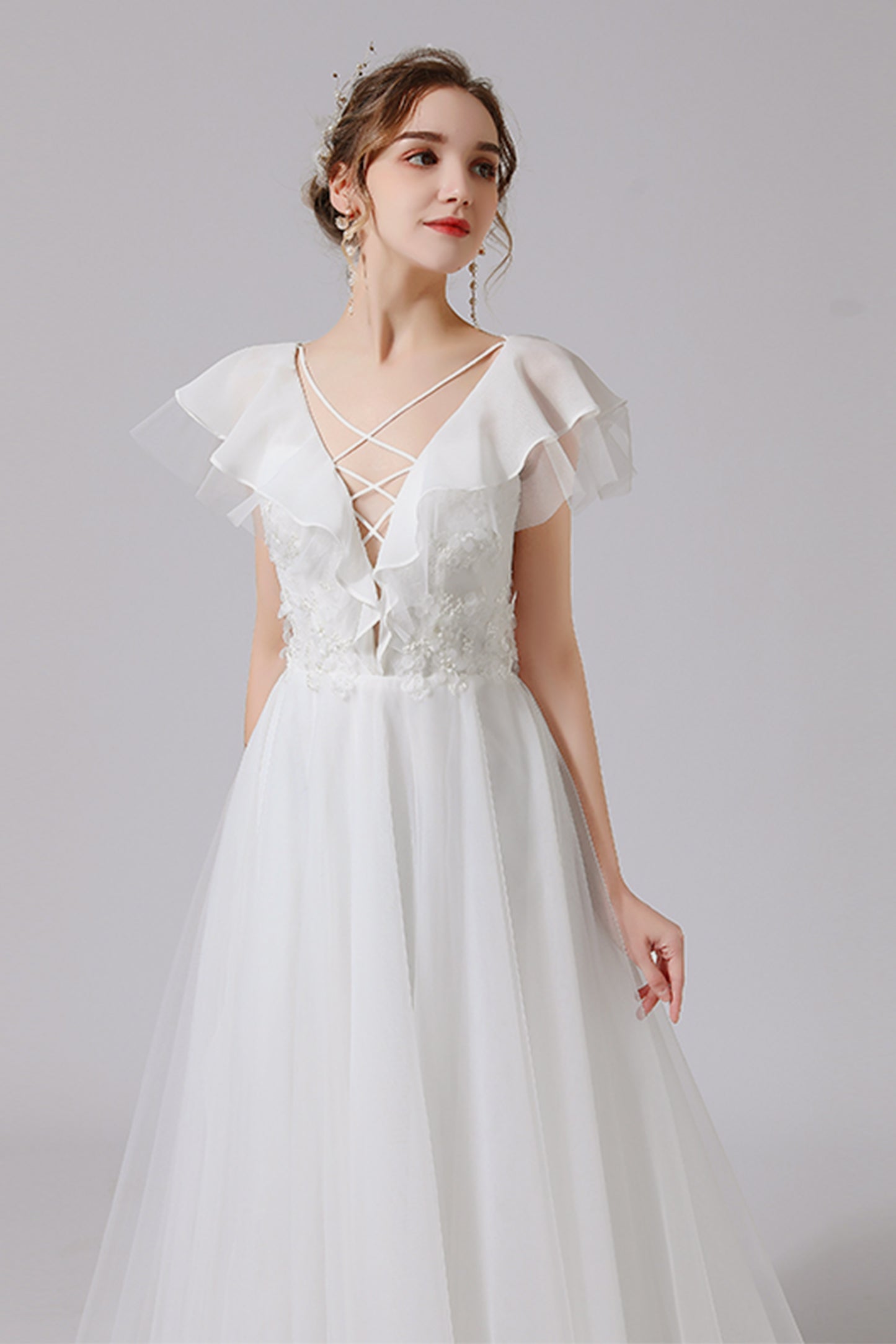 A-Line Sweep-Brush Train Lace Tulle Wedding Dress CW2710