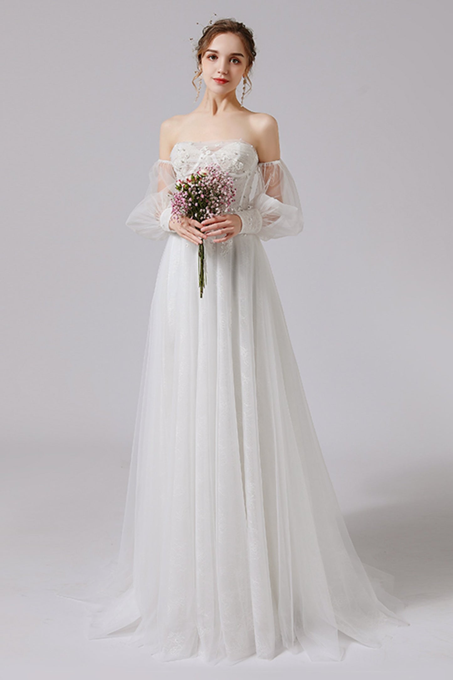 A-Line Floor Length Lace Tulle Wedding Dress CW2712