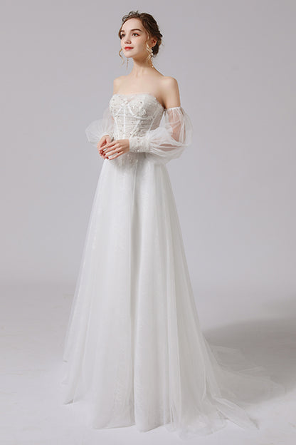 A-Line Floor Length Lace Tulle Wedding Dress CW2712