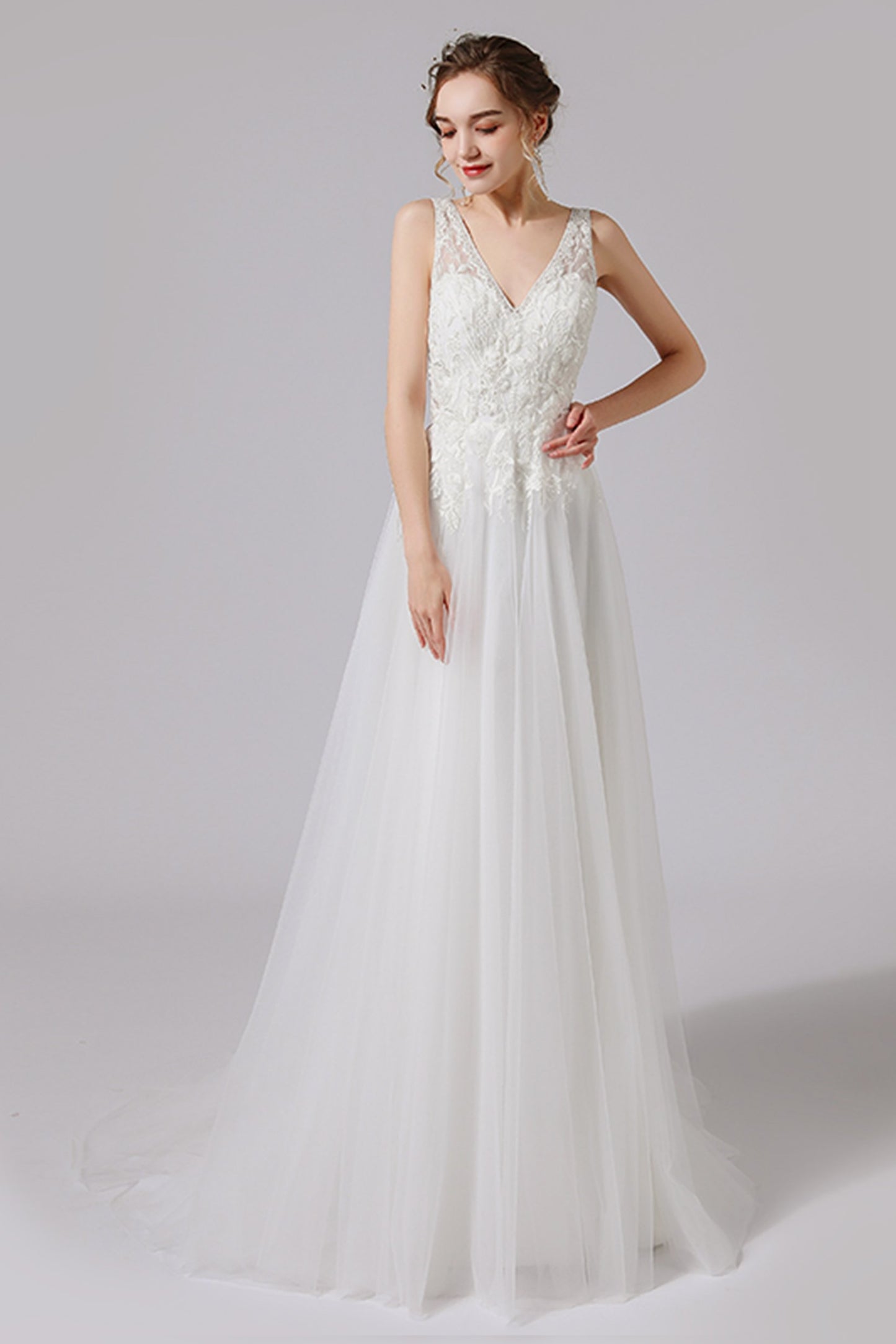 A-Line Sweep-Brush Train Lace Tulle Wedding Dress CW2723