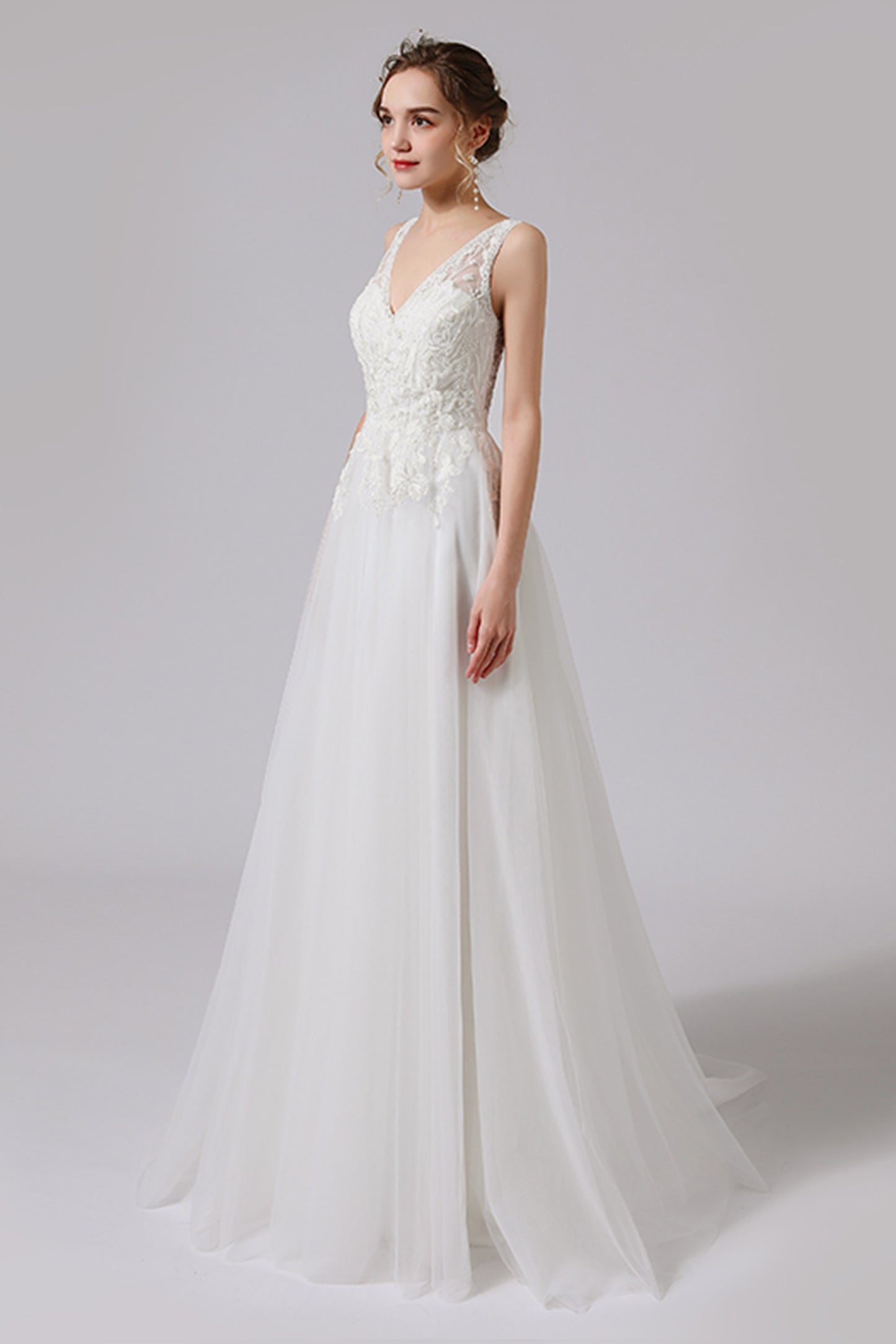 A-Line Sweep-Brush Train Lace Tulle Wedding Dress CW2723