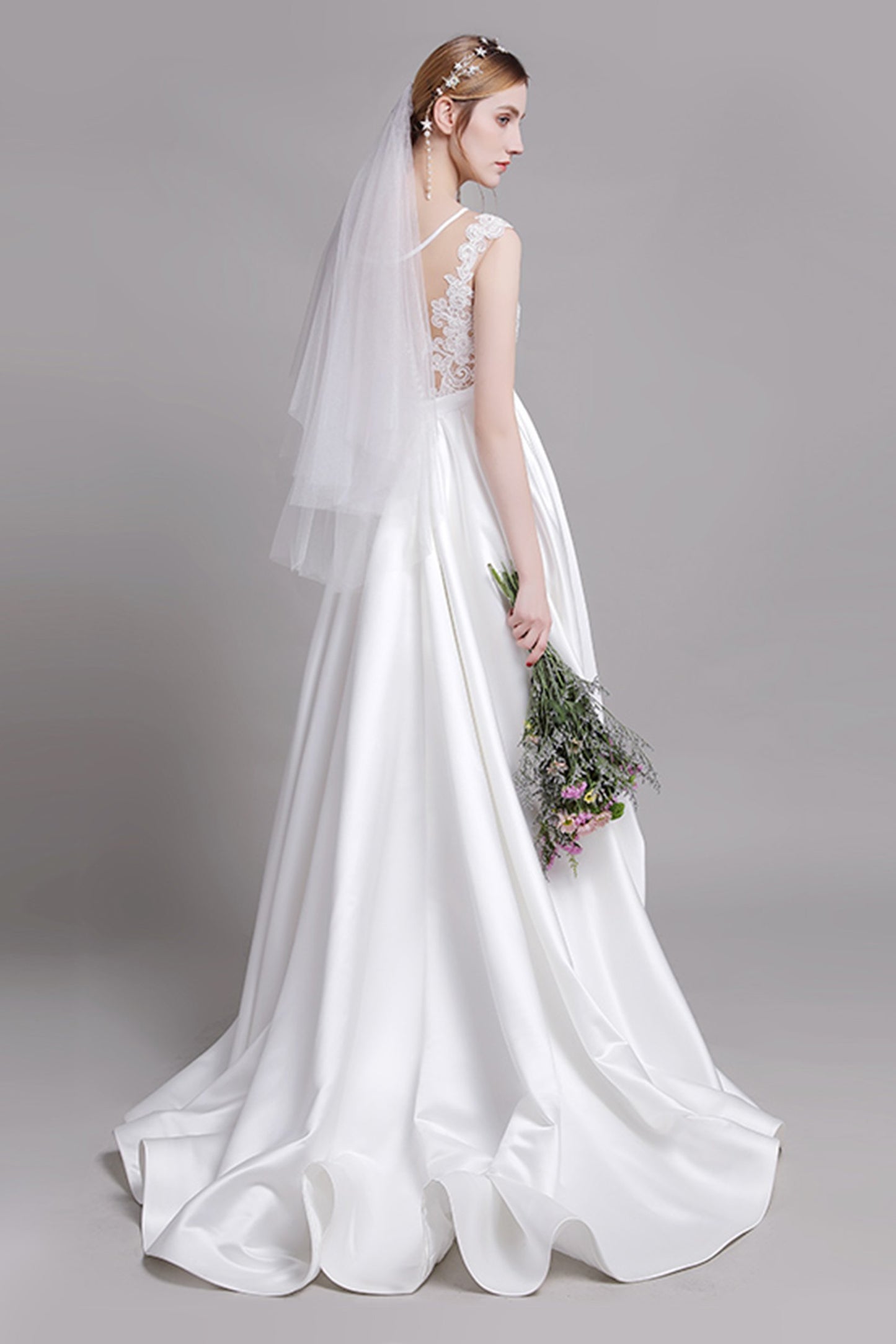 A-Line Floor Length Lace Satin Wedding Dress CW2728