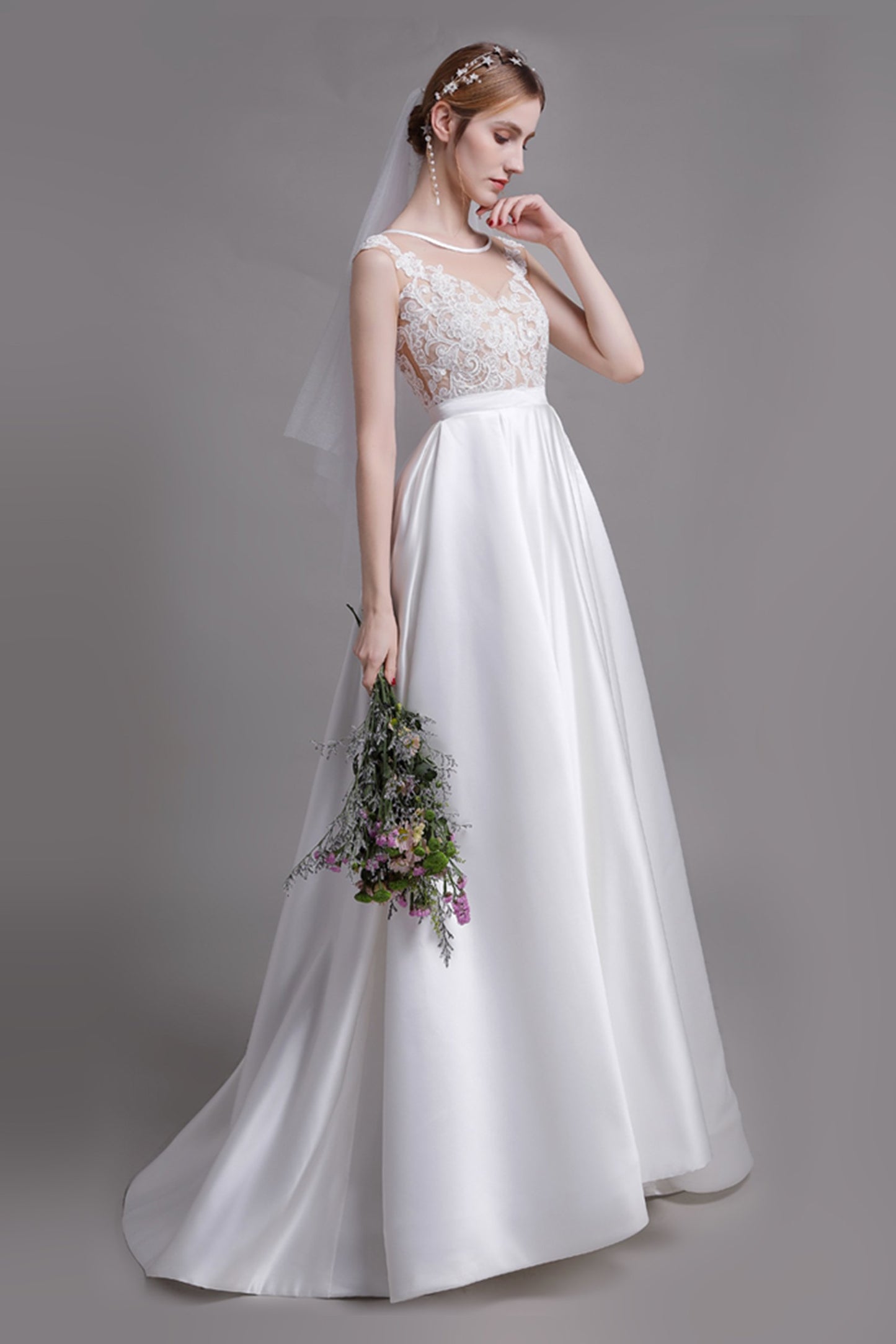 A-Line Floor Length Lace Satin Wedding Dress CW2728