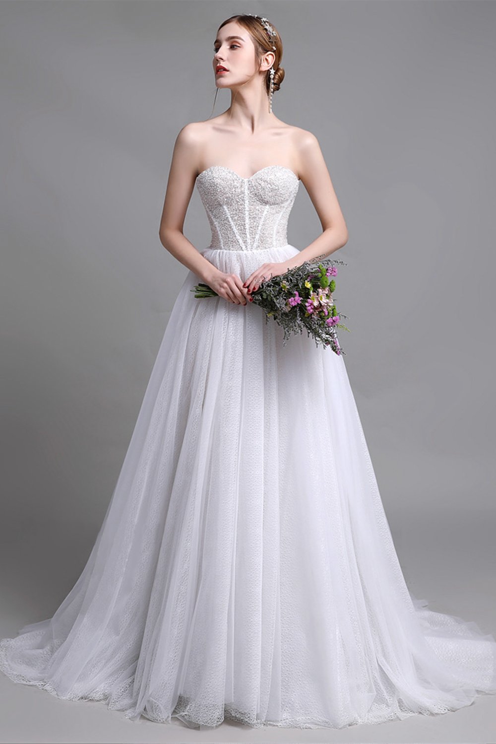 A-Line Sweep-Brush Train Lace Wedding Dress CW2958