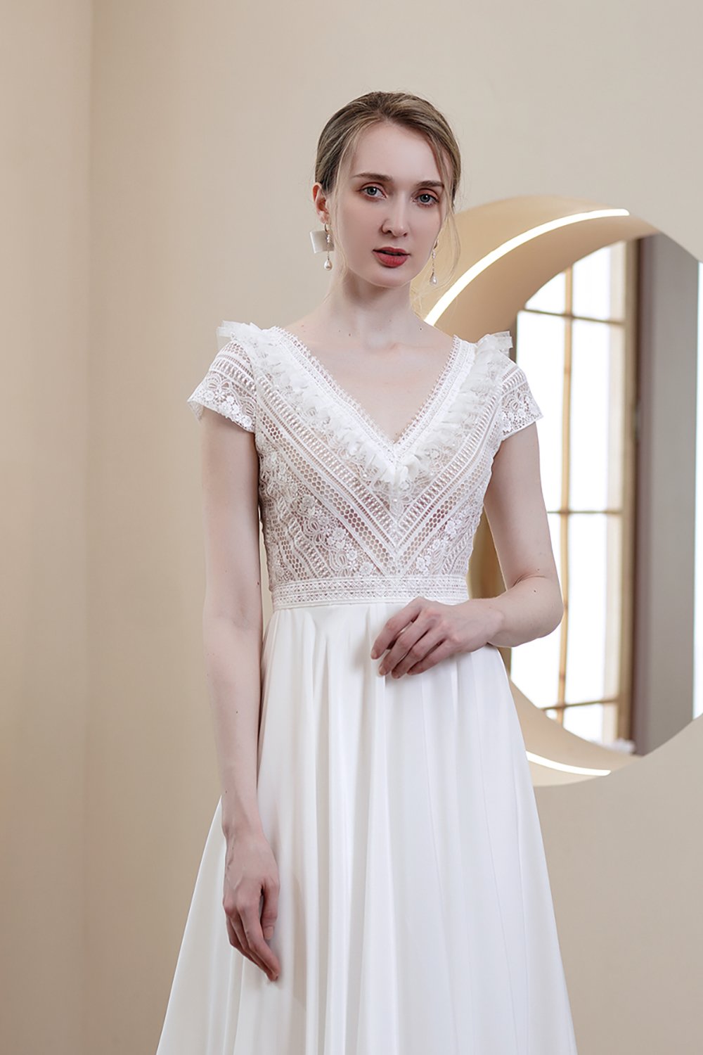 A-Line Sweep-Brush Train Lace Chiffon Wedding Dress CW2969