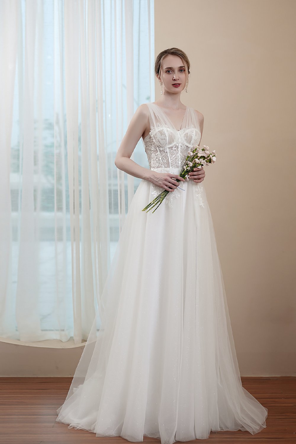 A-Line Sweep-Brush Train Lace Tulle Wedding Dress CW2973