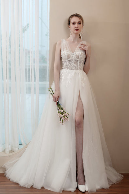 A-Line Sweep-Brush Train Lace Tulle Wedding Dress CW2973