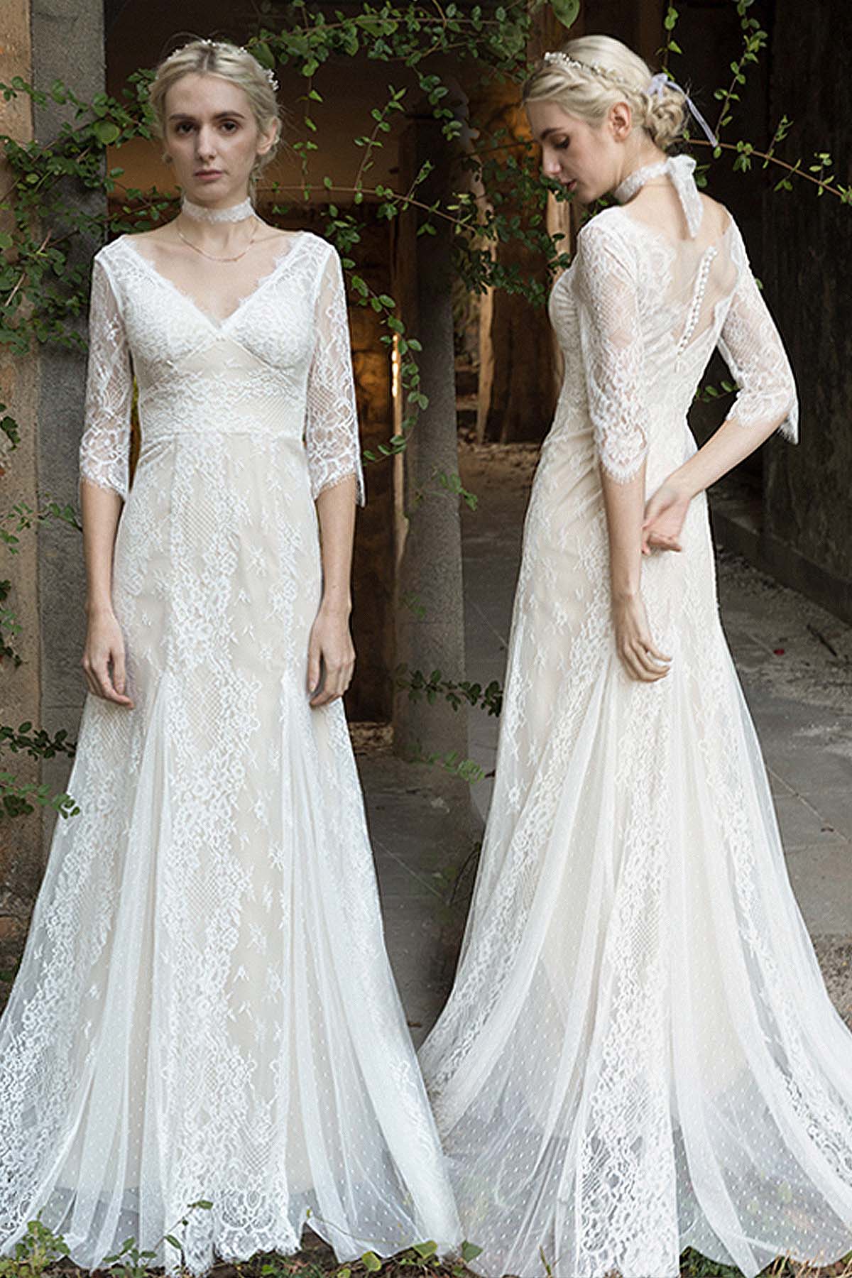 Sheath-Column Sweep-Brush Train Lace Wedding Dress CW3022