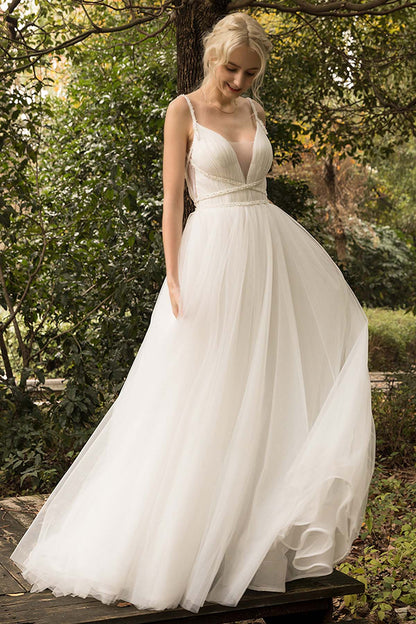 A-Line Sweep-Brush Train Tulle Wedding Dress CW3024