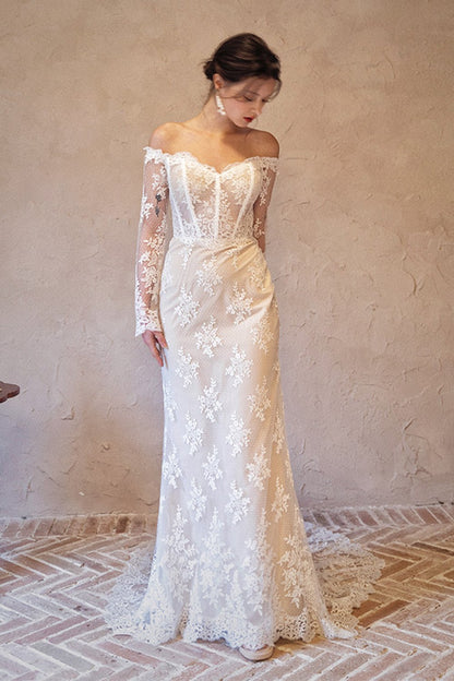 Trumpet-Mermaid Court Train Lace Tulle Wedding Dress CW3062