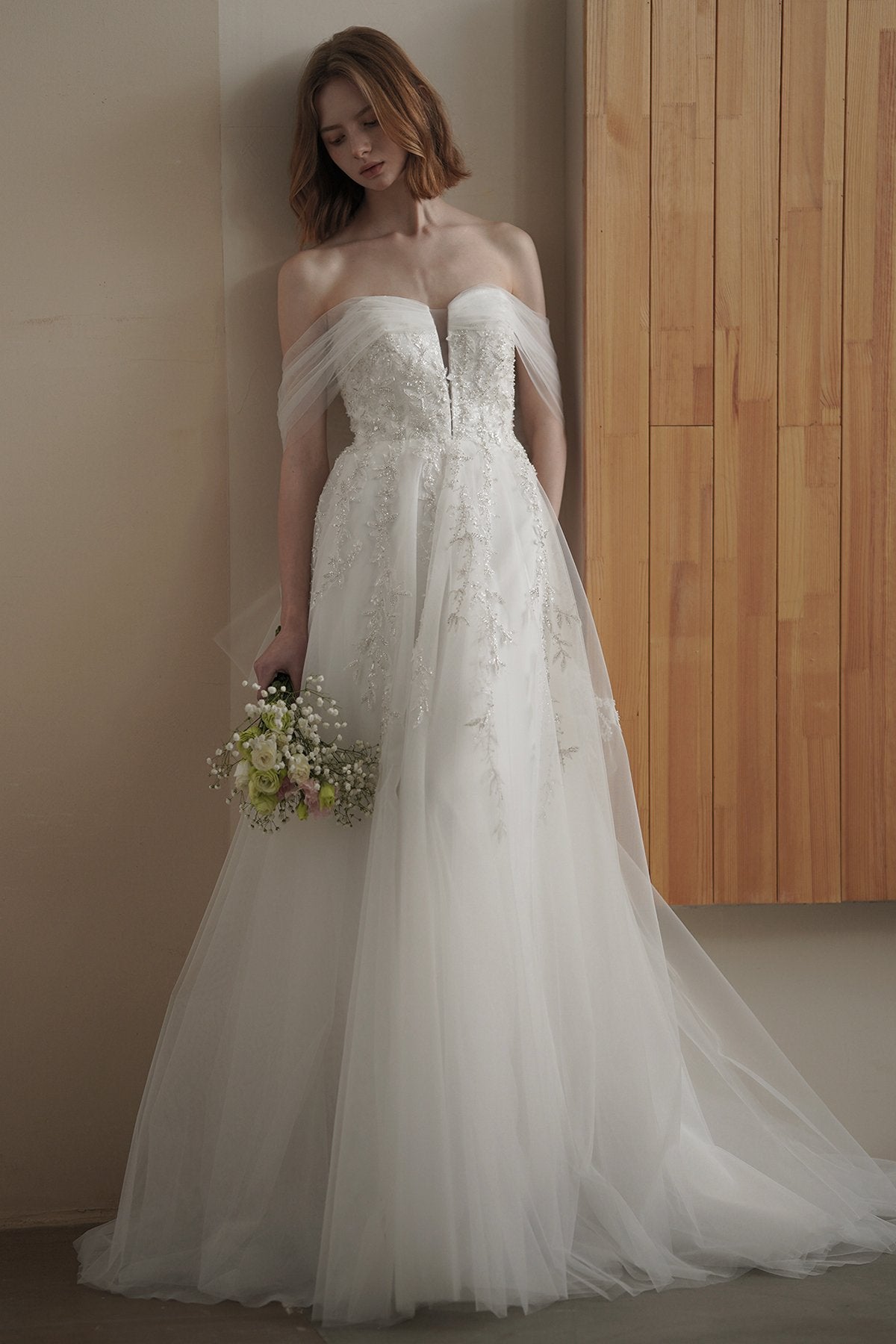 A-Line Sweep-Brush Train Lace Tulle Wedding Dress CW3083