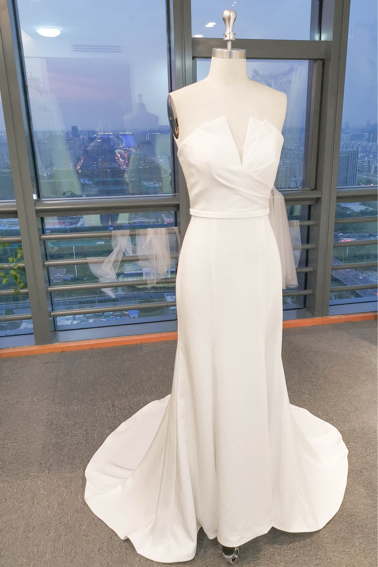 A-Line Sweep-Brush Train Satin Wedding Dress CW3104