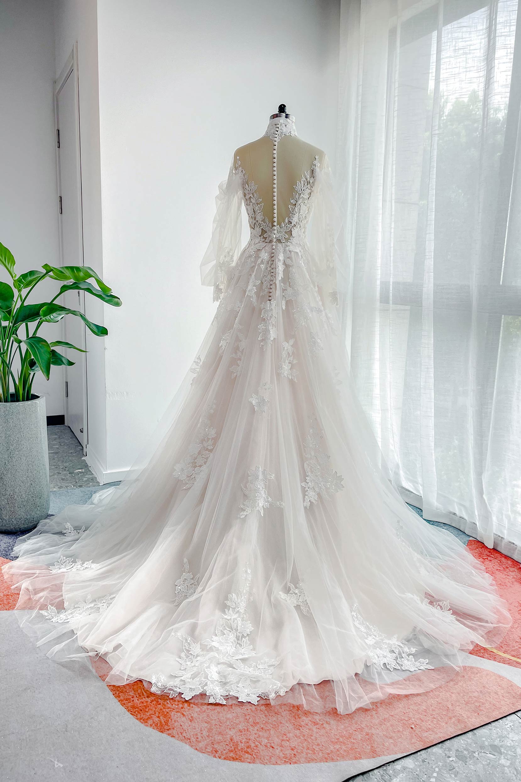 A Line High Neck Court Train Lace Tulle Long Sleeve Zipper Wedding Dress CW3156 COCOMELODY