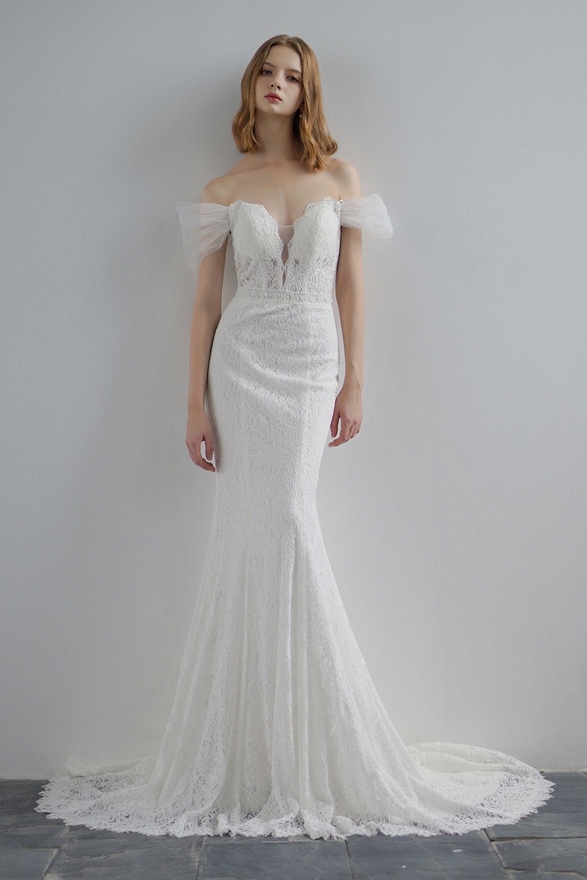 Mermaid Sweep-Brush Train Lace Tulle Wedding Dress CW3219