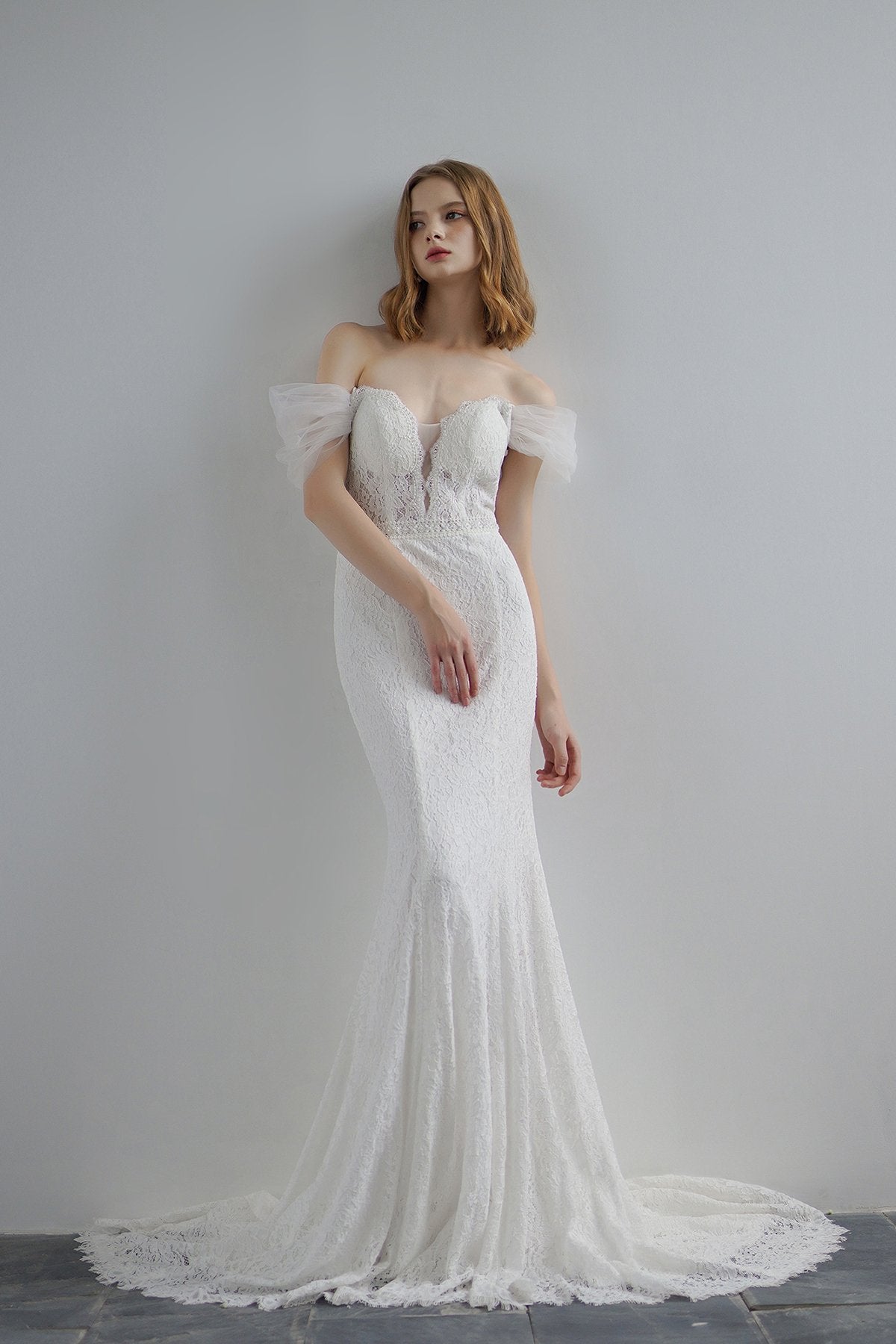 Mermaid Sweep-Brush Train Lace Tulle Wedding Dress CW3219