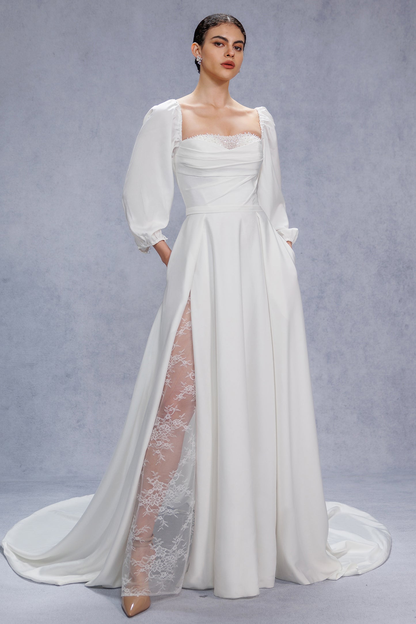 A-Line Court Train Satin Wedding Dress CW3329