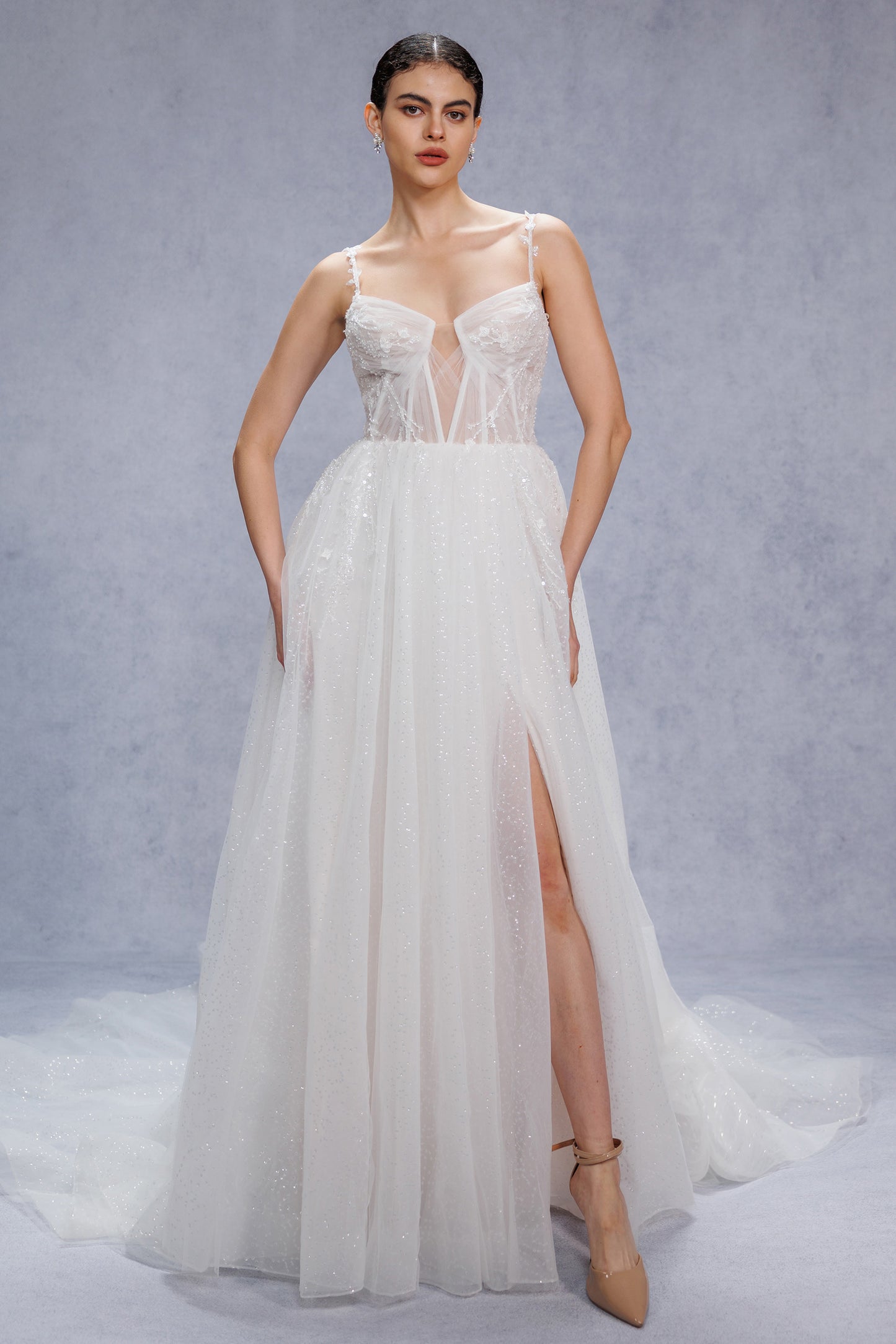 A-Line Court Train Sparkle Tulle Wedding Dress CW3338