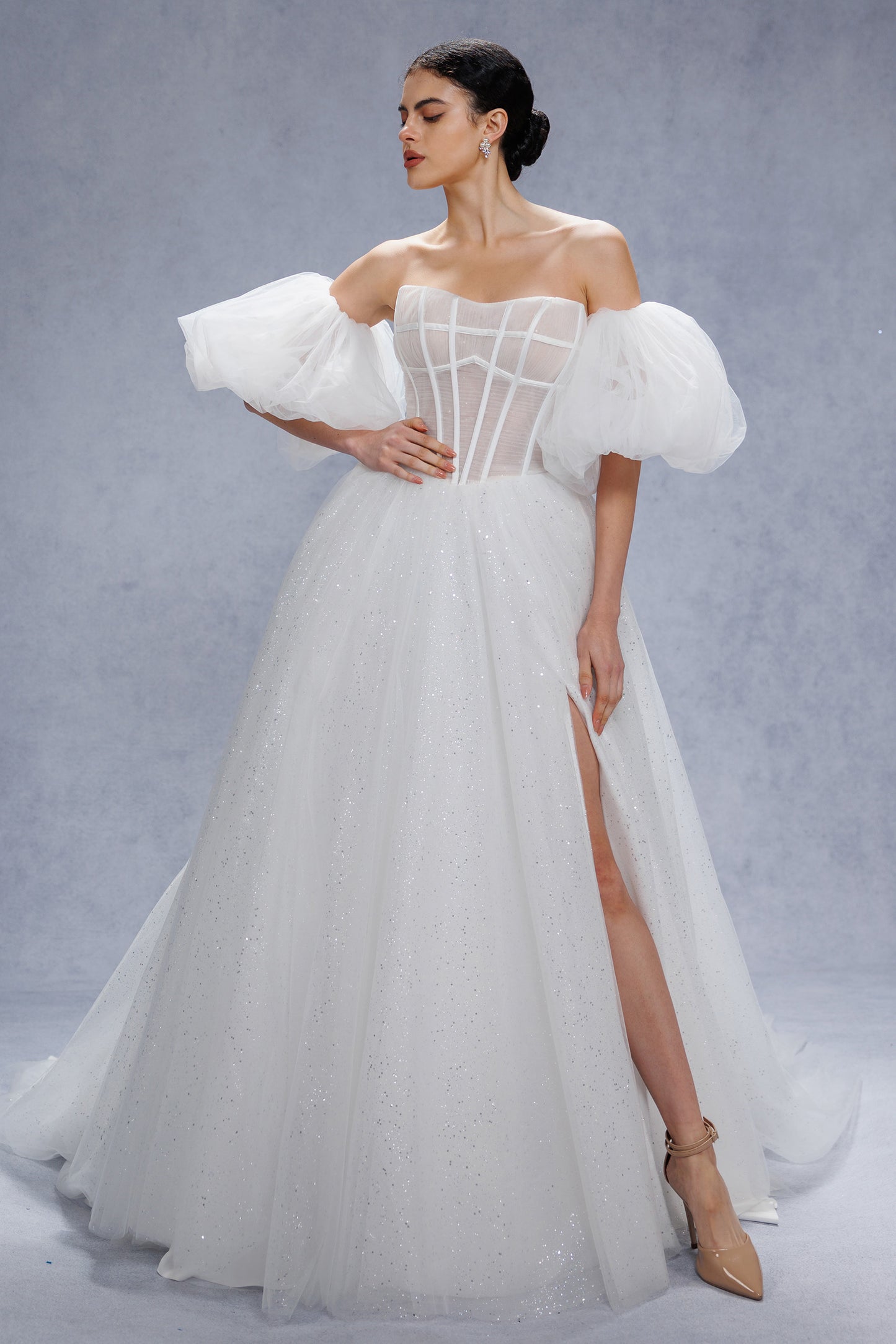 A-Line Court Train Sparkle Tulle Wedding Dress CW3339