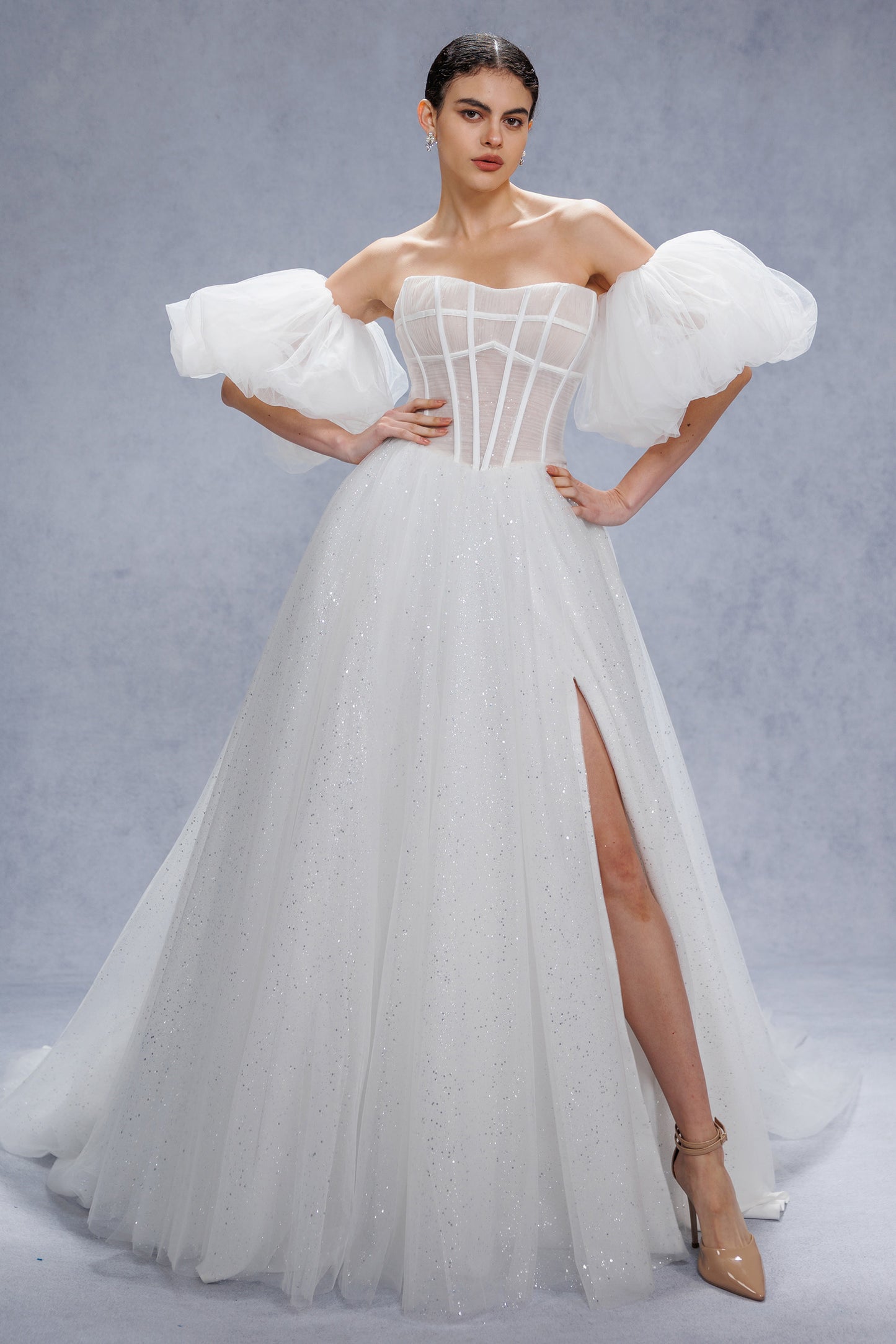 A-Line Court Train Sparkle Tulle Wedding Dress CW3339